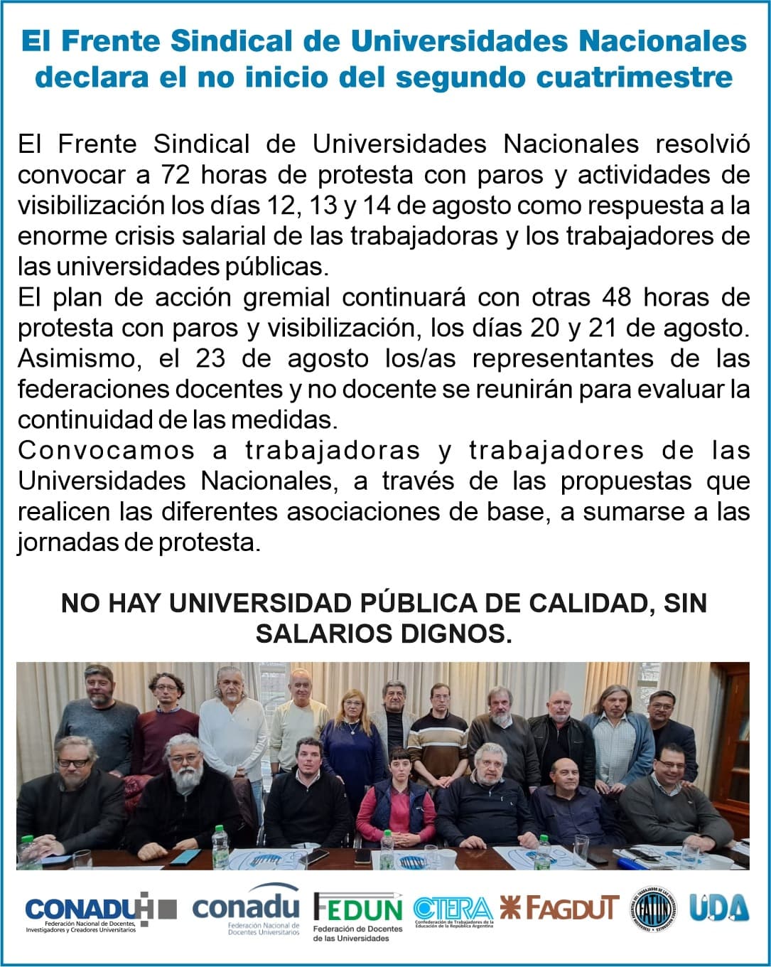 frente sindical de universidades nacionales declara el no inicio del cuatrimestre